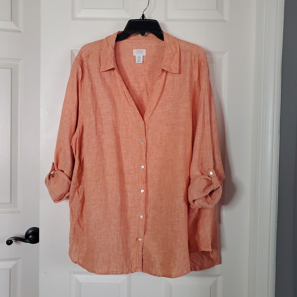 Sigrid Olsen 100% Linen Coral Roll-tab Sleeve Button Up Top Relaxed Breathable